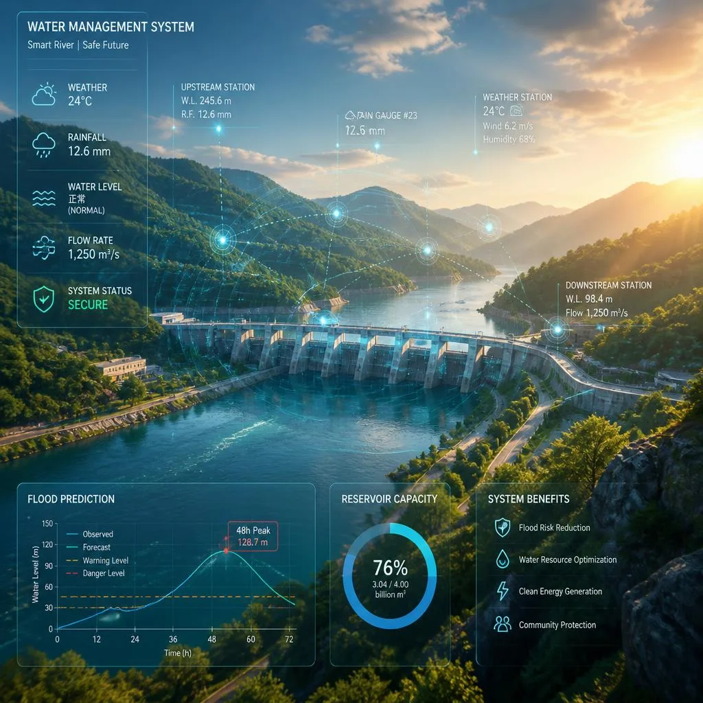 A monitored river valley with a modern arch dam, sensor points and flood-prediction overlays at golden hour.